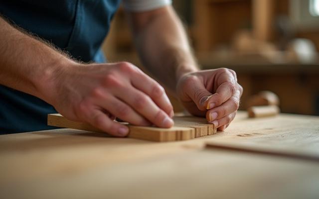 Hånd som pusser bærekraftig treverk i et verksted