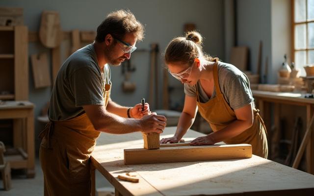 Håndverkere som arbeider utskjæring av et tremøbel i et moderne snekkerverksted.